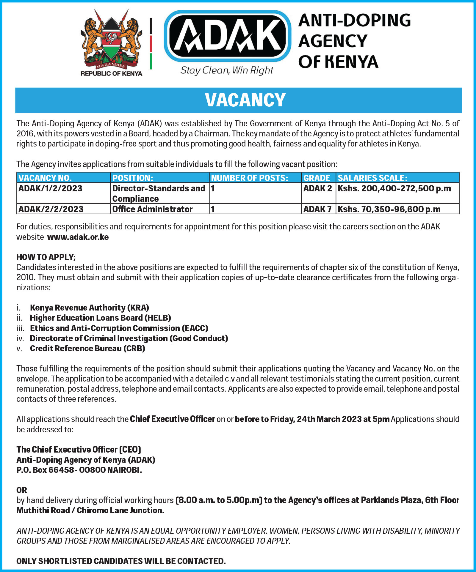 ADVERT FOR DSC & OA VACANCY